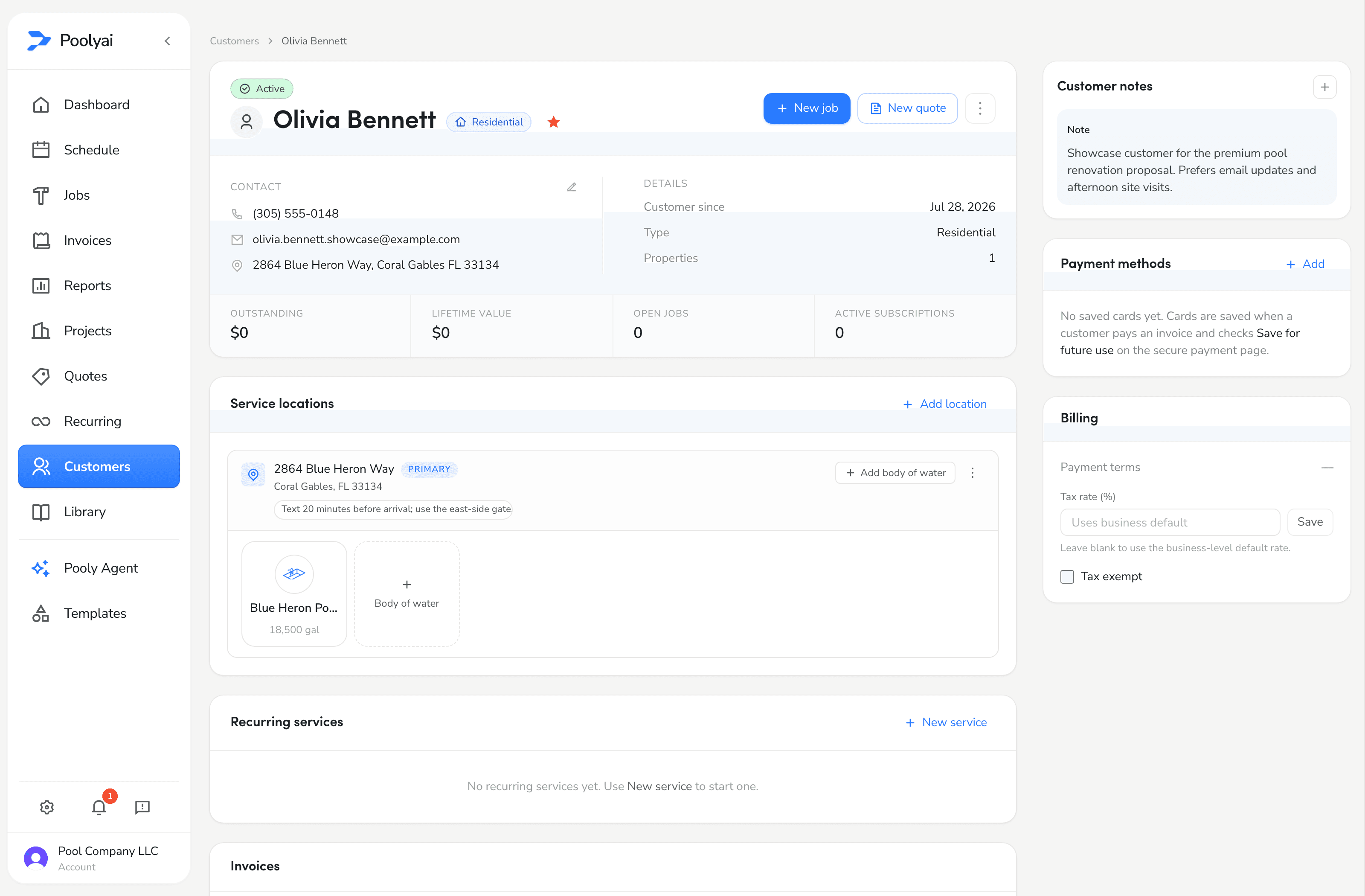 Pooly unified customer record with locations, notes, billing, and service