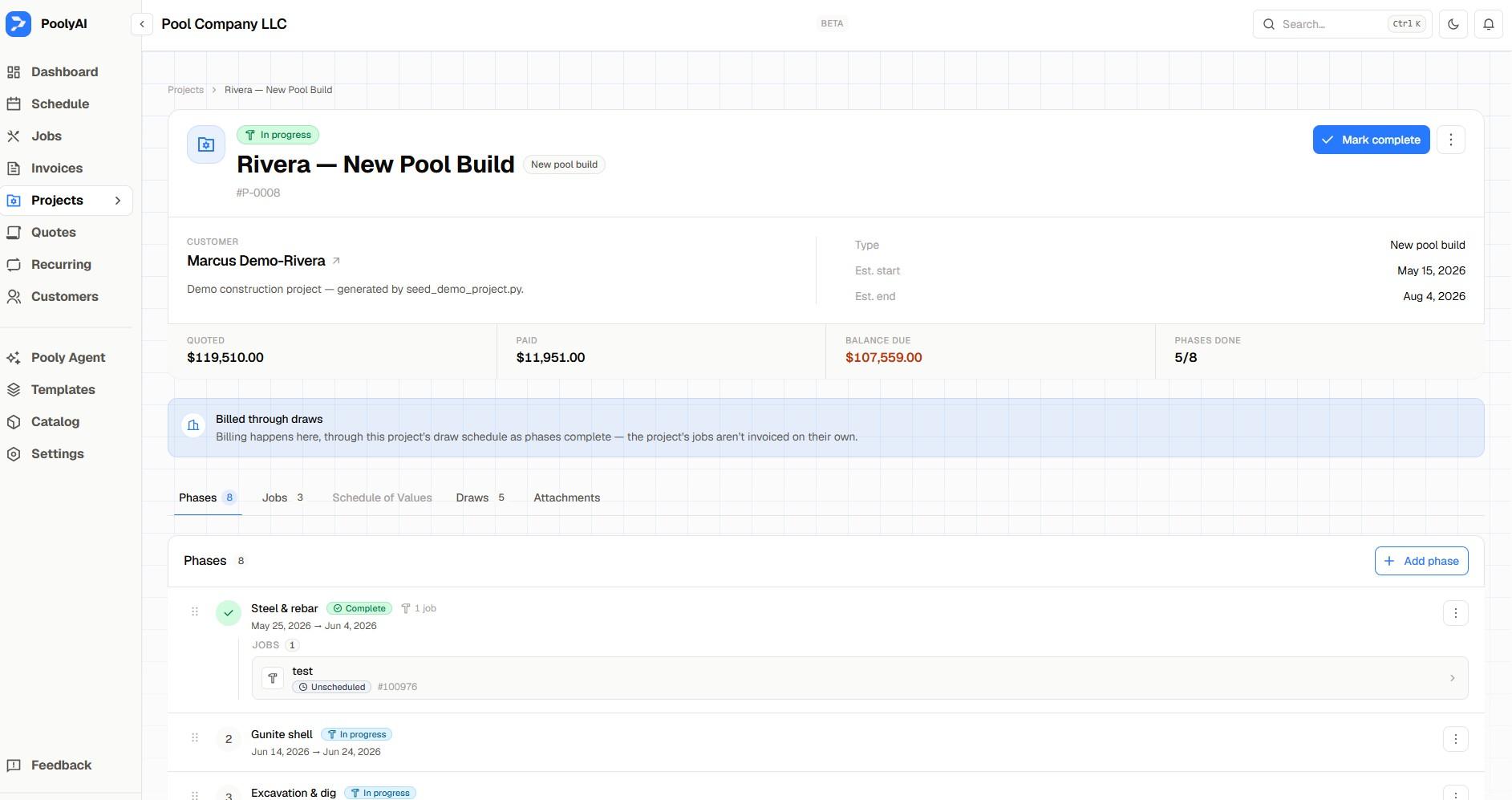 Pooly construction pipeline view from dig to startup