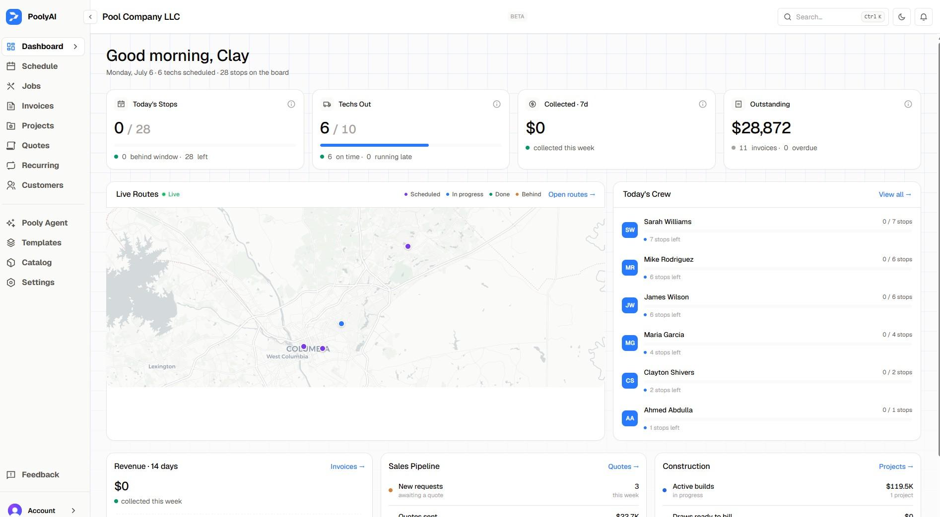 Pooly dashboard with daily stops, live routes, crew, and revenue