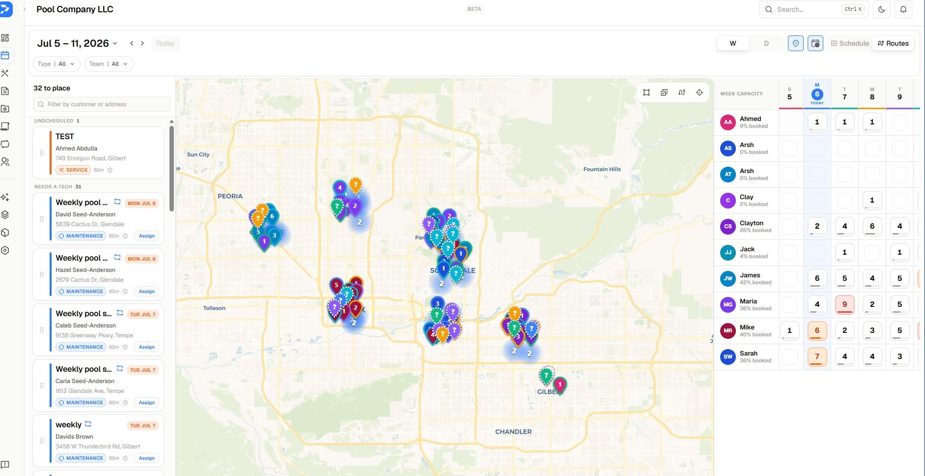 Pooly weekly route planner with map pins and tech capacity